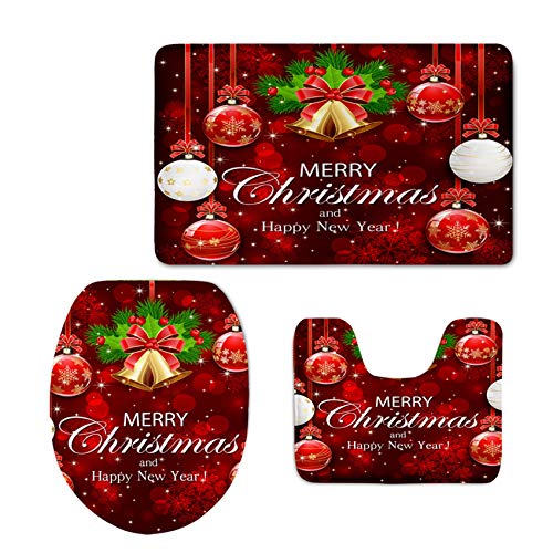 HUGS IDEA Frohe Weihnachten Badteppich-Set 3-teilig Weihnachtsfest Bälle Druck rot Badezimmer Teppich Konturmatte mit…