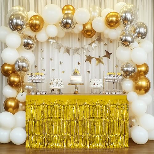 2 Pack Gold Table Skirts, 29x108\" Metallic Foil Tinsel Fringe Table Skirts for Rectangle Tables Streamer Curtains Backdrop, Party Decorations for Birthdays Weddings Holidays - Thumbnail 2