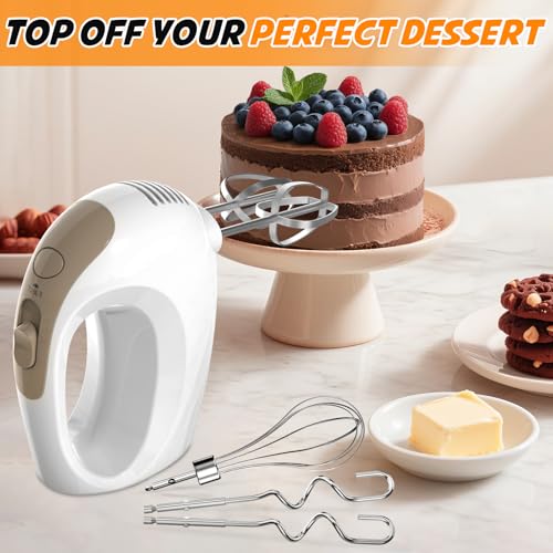 Image of Showvigor Electric Hand Mixer with 5 Stainless Steel Whisks,5 Speed, White