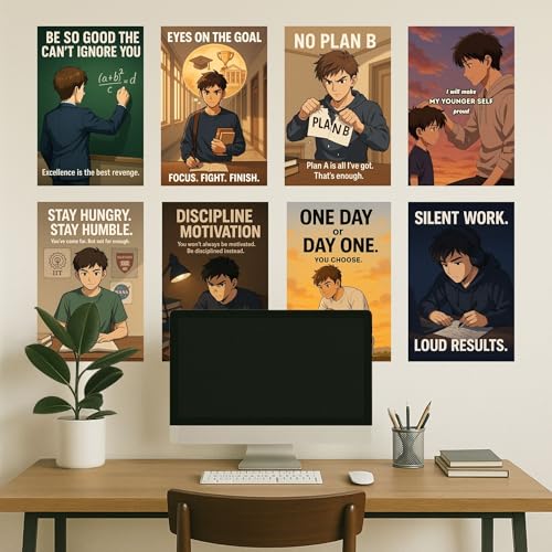 Image of SHONEN SCHOLAR Anime Poster Kit for Students | 8 A5 Motivational Posters with Hard-Hitting Academic Motivation Quotes | 300 GSM | Free Wall Friendly Adhesive | Study Room Decor for Boys