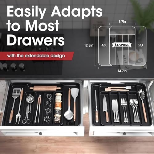 Image of CLAPONE Drawer Organizer Tray /Divider for Spoons Forks Knives Tableware /Kitchen Expandable Utensil Tray /Cutlery Silverware Flatware Holder /Adjustable Utensil Organizer (Premium Black, 1 Pieces)