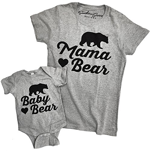 Southern Designs Matching Mama Bear and Baby Bear Tee Shirt and Baby Romper (Shirt Large - Baby 6 Months) Gray