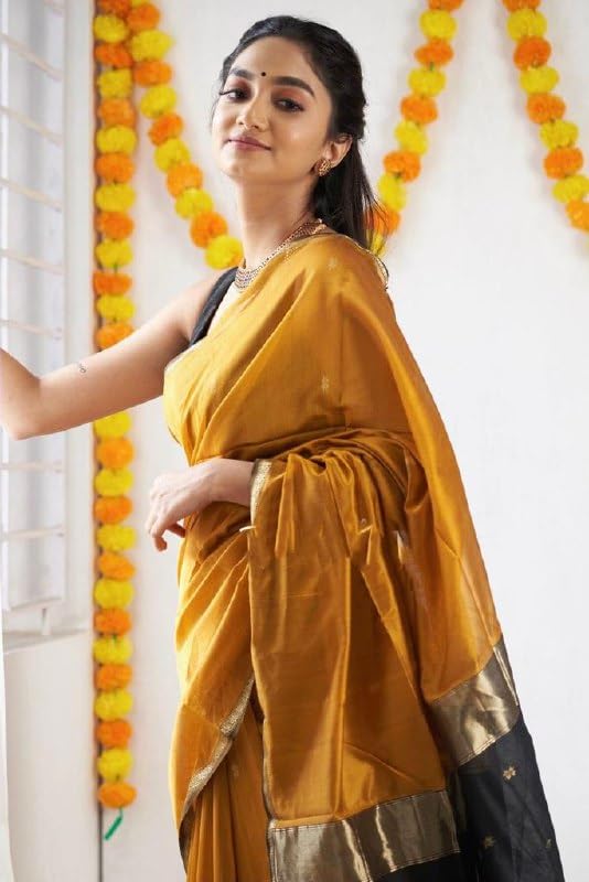 Image of Flosive Mustard Cotton Jacquard Banarasi Saree
