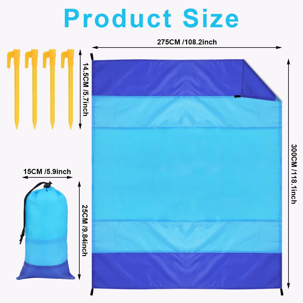 Ainiv Coperta Picnic Impermeabile, Tappeto da Spiaggia Anti Sabbia, 275 * 300cm Grande Tappetino da Spiaggia Pieghevole, Stuoia Campeggio con 4 Picchetti Fixed per Picnic, Spiaggia, Campeggio