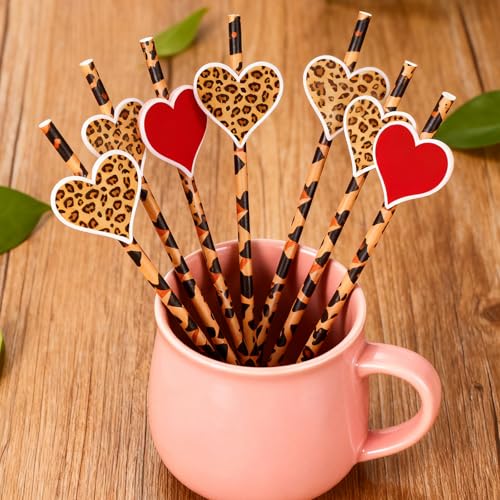 50 pitillos de papel rojos con diseño de corazones y leopardo miniatura 2
