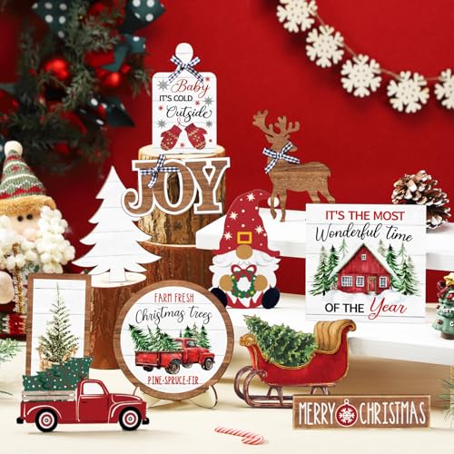 Christmas Tiered Tray Decor Winter Tiered Tray Decorations Set Snowman Snowflake Gnome Truck Wooden Signs Farmhouse Christmas Table Decorations for Home Table Shelf(Rustic Style) - Image 3