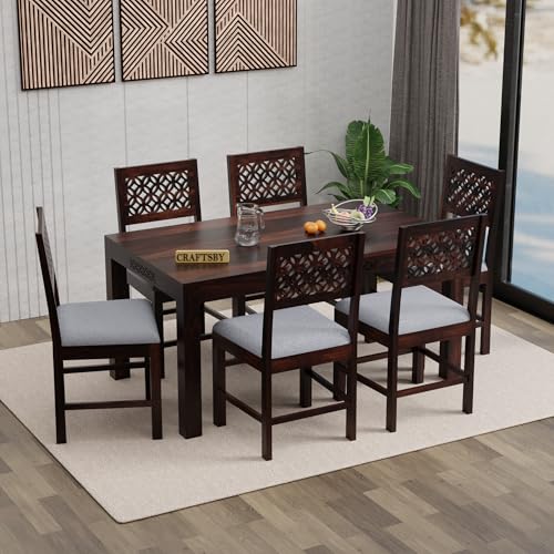 Image of Solid Sheesham Wood 6 Seater Dining Table Set | Six Seater Dinner Table with 6 Grey Cushions Chairs | Dinning Table Set 6 Seater for Living Room | Wooden Table & Chair Set | Walnut Finish