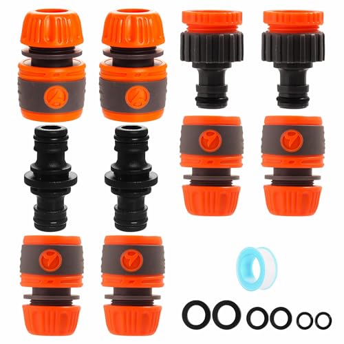 Garden Hose Connectors and Fittings Set 10Pcs, Tap Connector for Outdoor Hose 1/2 & 3/4 BSP, Double Male Snap Connectors, Quick Release Adapters for Tap to Pipe Joining