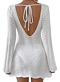 Falechay Swimsuit Coverup for Women Womens Cover Ups for Swimwear Bikini Bathing Suit Boho Mesh Crochet Flared Sleeve Cover Up Beach Vacation Essentials Backless Women's Resort Summer Outfits White L