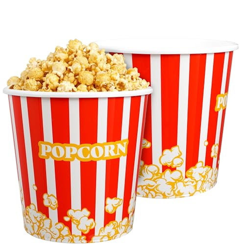 Hampton Distribution Plastic Popcorn Bowl 2 Pack Reusable Popcorn Bucket for Movie Night Round Red & White Snack Bowl 7 x 7 x 6.6