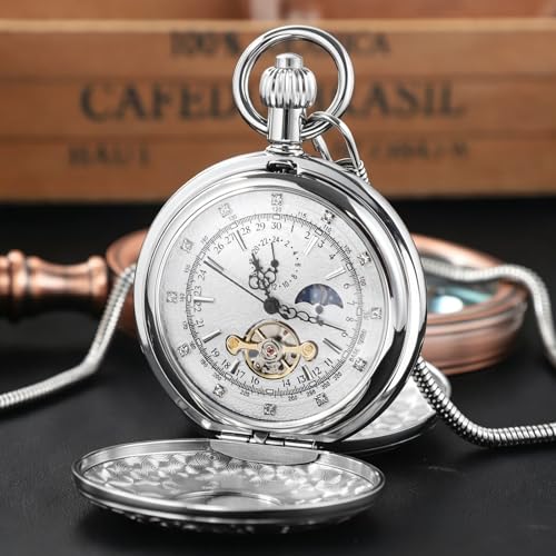 Image of Men's Mechanical Pocket Watch with Chain, Vintage Full Copper Hand-Wind Second&24hours Sub-dials Pocket Watches for Men with Box
