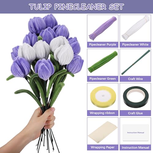 320pcs Pipe Cleaners for Craft, 30cm Long Pipe Cleaners Craft Set with Flower Stems Florist Tape, Super Flexible Tulip Bouquet Pipecleaners, Purple White Green Fluffy Pipecleaners for DIY Craft