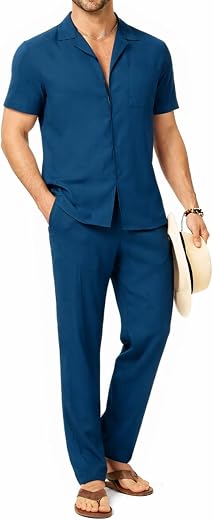 TYSORT Men 2 Piece Cotton Cuban Collar Button Down Shirt Casual Loose Pant Sets,Cord Set For Men