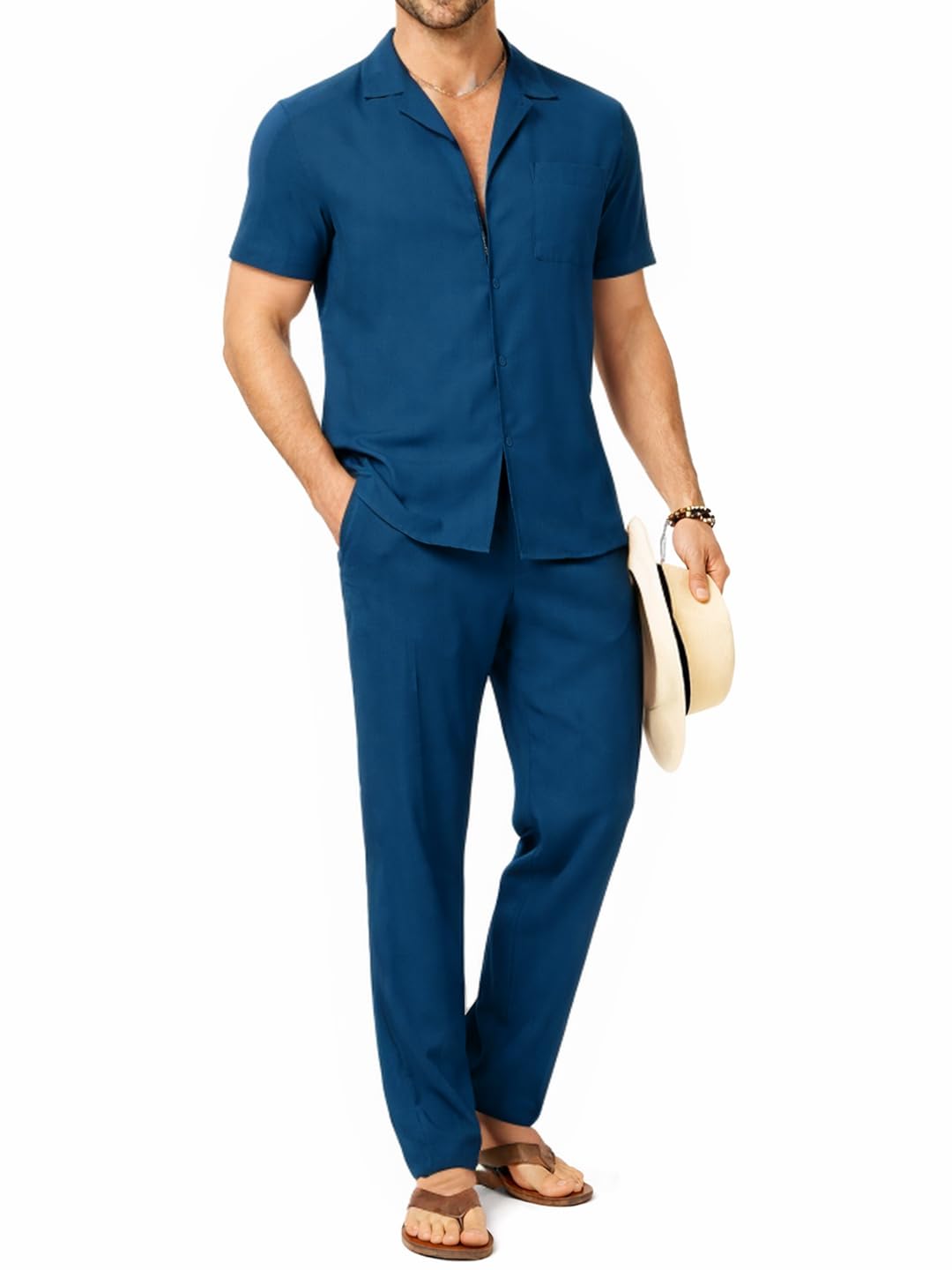 Men 2 Piece Cotton Cuban Collar Button Down Shirt Casual Loose Pant Sets,Cord Set For Men-image-39