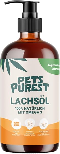 Pets Purest Huile de saumon pour chiens et chats 1000ml – Huile de saumon norvégienne pure avec oméga 3-6-9 et vitamine E – Soutient la peau, le pelage, les articulations et le système immunitaire - 1