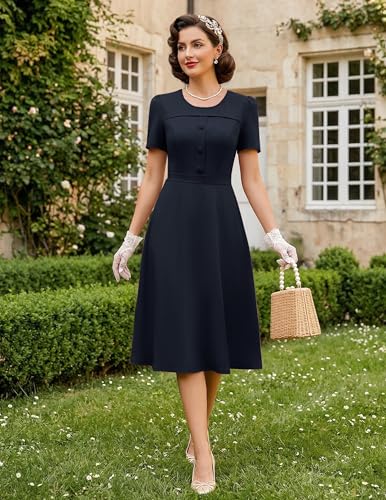 Image of Wedtrend 1950's Vintage Dresses for Women Modest Church Dress with Pockets Short Sleeve Tea Party A-Line Cocktail Dresses