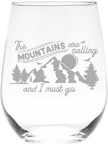 C M The Mountains Are Calling and I Must Go - Copa de vino sin tallo, 17 onzas, regalo para él, ella, esposa, marido, amigo, regalo temático de