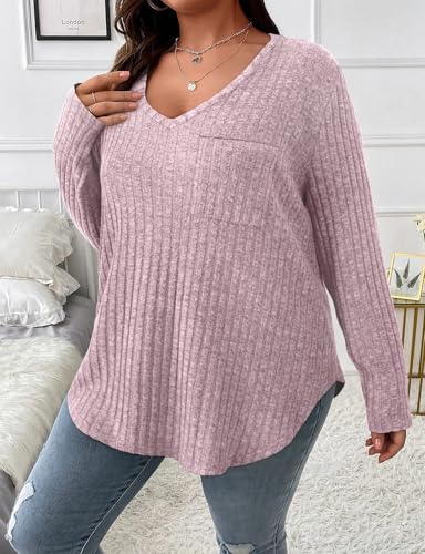 Image of Koscacy Women Plus Size Casual Knit Sweater with Pocket V Neck Solid Color Tops Lightweight Long Sleeve Blouses
