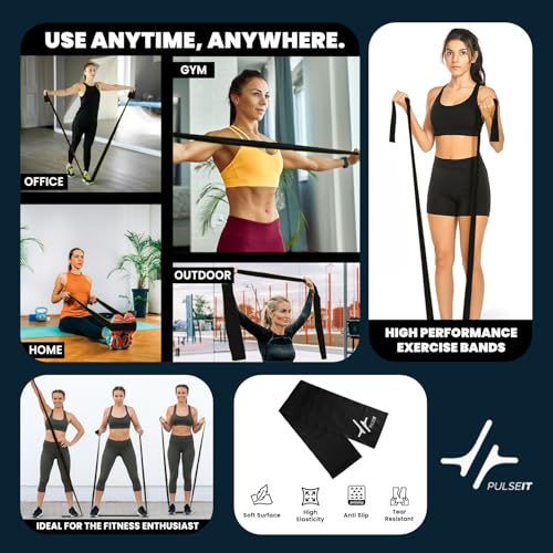 Image of PulseITThera Resistance Bands for Workout. Pilates, Yoga & Home Exercise Bands. Latex Thera Bands for Gym, Strength Training, Stretching & Toning. Fitness Bands for Men & Women (Black)