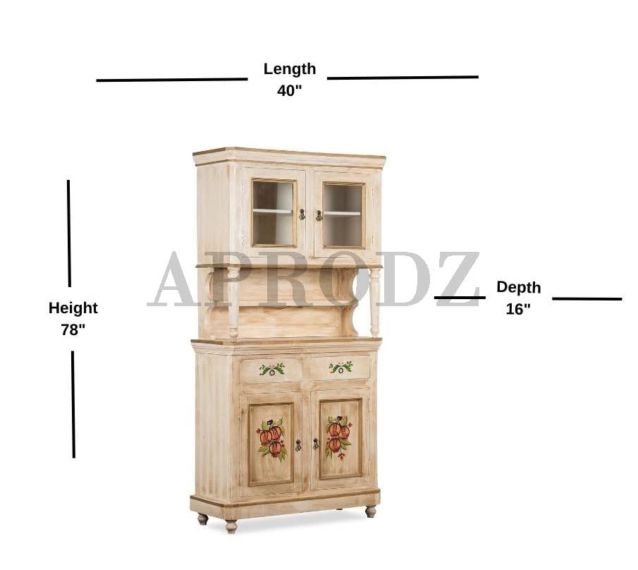 Image of APRODZ Wooden Handpainted Crockery Display Sideboard Storage Cabinet for Home (Cream & Natural Finish)