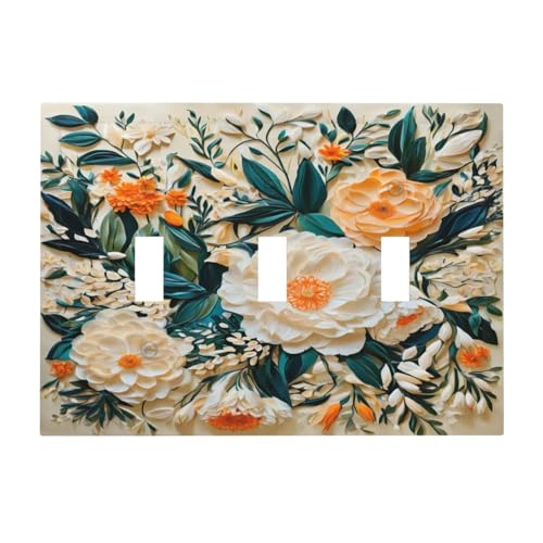 Decorative Switch Covers Plate Rustic Big Flowers Abstract Floral 3 Gang Wall Plate Oversized Triple Toggle Light Switch Plate Jumbo Faceplate for Country Bedroom Home Decor