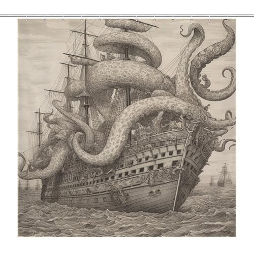 Rideau de douche imperméable 183x183 cm résistant motif pieuvre voile pirate