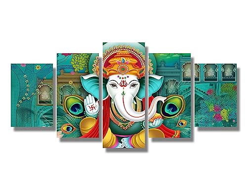 Lord Ganesha Wall Art for Living Room Hindu Elephant God Canvas Wall Painting 5 Pieces Modern Home Decoration for Bedroom Office Hindu God Wall Decor Stretched and Frame Ready to Hang 20X40 INCH