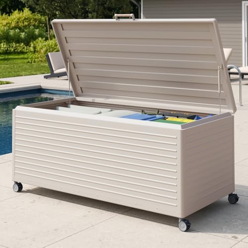 Image of MIRADOR 281 Gallon Outdoor Storage Box with Wheels & Soft-Close Lid, Waterproof Metal Deck Box for Patio Cushions, Garden Tools & Pool Accessories, Latte