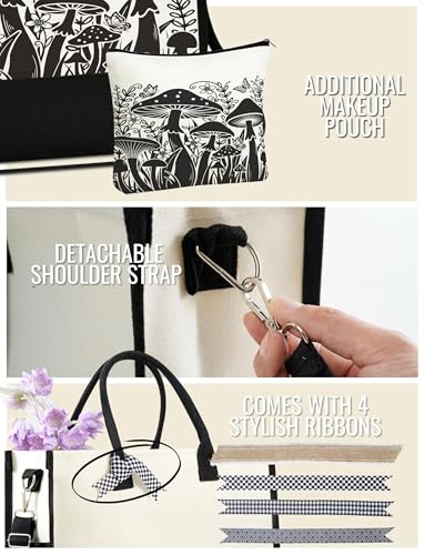 Bolso tote de lona InnoBeta con diseño de hongos para mujer, con cierre de cremallera superior y correa para el hombro, ideal para cumpleaños, Día de la Madre y Navidad - Negro miniatura 6