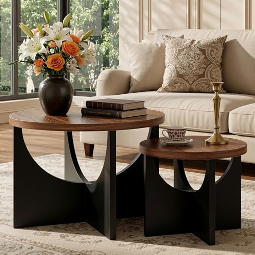LIKIMIO Nesting Coffee Tables Set of 2 23.6 Small Round Side Tables for Living Room Wooden End Table Walnut