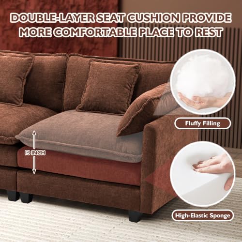 Image of Ihanherry 111.4 Inch 3-Seater Cloud Sofa, Modular Sectional Couch, Modern Deep Seat Sofa for Living Room, Comfy Double Layer Upholstered Seat Cushion, Breathable Chenille Fabric, Brick Red