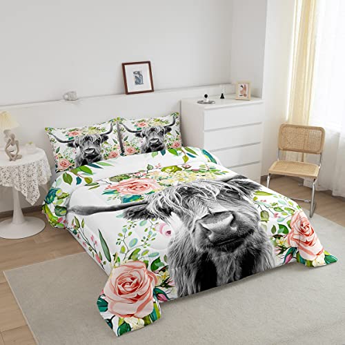 Loussiesd Highland Cow Bedding Set Kids Rose Floral Bull Cattle Duvet for Girls Teens Western Wildlife Animal Comforter Farmhouse Duvet Set Room Decor Quilt Set Single Size - Image 2