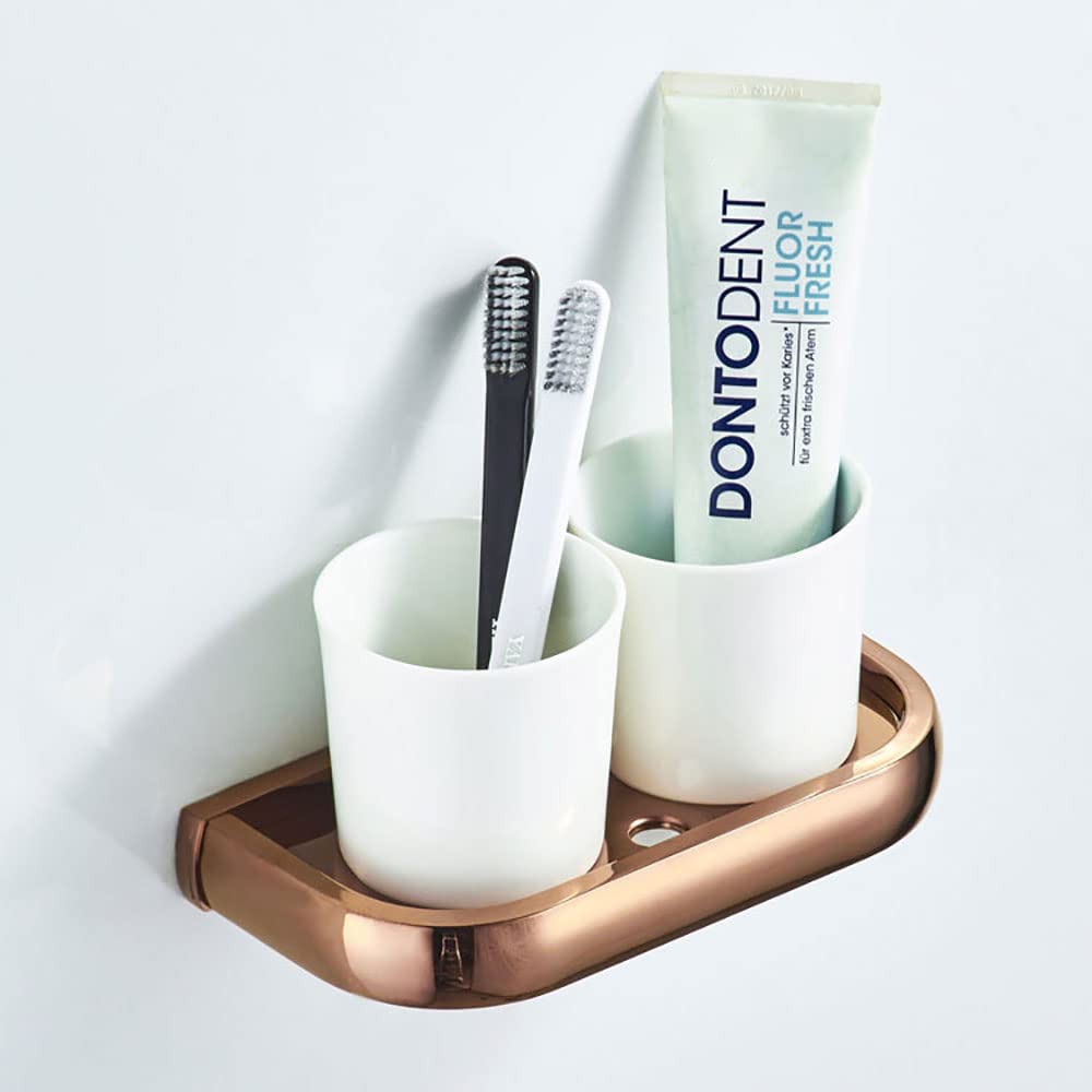 Portacepillos de dientes montado en la pared, Vaso doble de cerámica for pasta dientes, latón chapado en oro rosa, for lavabo, con tornillos montaje