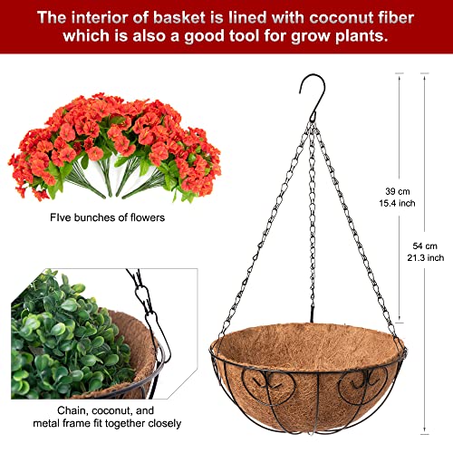 Ammyoo Artificial Hanging Flowers In Basket, Artificial Petunias Flower Arrangement,12 Inch Coconut Lining Basket With Morning Glories Fake Plants For Patio Garden Porch Deck Decoration(Orange) #TOP4