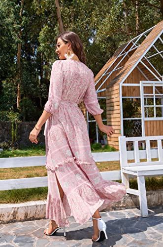 Image of Women Boho High-Waist Floral Print Maxi Dress 3 /4 Sleeve Casual | Soft Rayon, Breathable, Quick-Dry. High-Waist with Adjustable Belt, Flattering Hem. Ideal for Beach, Work & Dating.