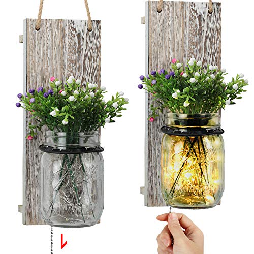 TJ.MOREE Shabby Chic Mason Jar Wall Sconces, Vintage Home Decor with Pull Chain Switch, Seasonal Interchangeable Colorful Flowers and LED Strip Lights Design for Farmhouse Home Decoration Set of 2