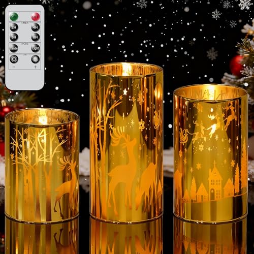Image of Wondise Christmas Gold Reindeer LED Flameless Candles with Remote Timer, Electroplate Glass Battery Operated Real Wax Flickering 3D Wick Pillar Candles for Christmas Holiday Home Decoration