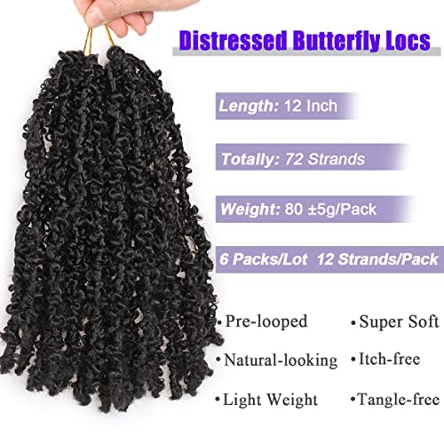 Leeven 12 Inch Butterfly Faux Locs Crochet Hair 6 Packs Pre Looped Distressed Locs Hair Synthetic Crochet Braids Hair Extensions Natural Distressed Locs Crochet Hair 1B# - Image 4