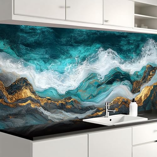 Image of Nuxovilar Teal Gold Marble Vein Wallpaper Peel Stick Vinyl 15.75x39.37
