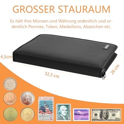 Münzsammelbuchhalter für Sammler, 300 Taschen feuerfestes Münzsammelalbum & 36 Hülsen Währungshalter für Münz-Währungssammelzubehör, Geldscheine, Pennies, Quarters, Briefmarken