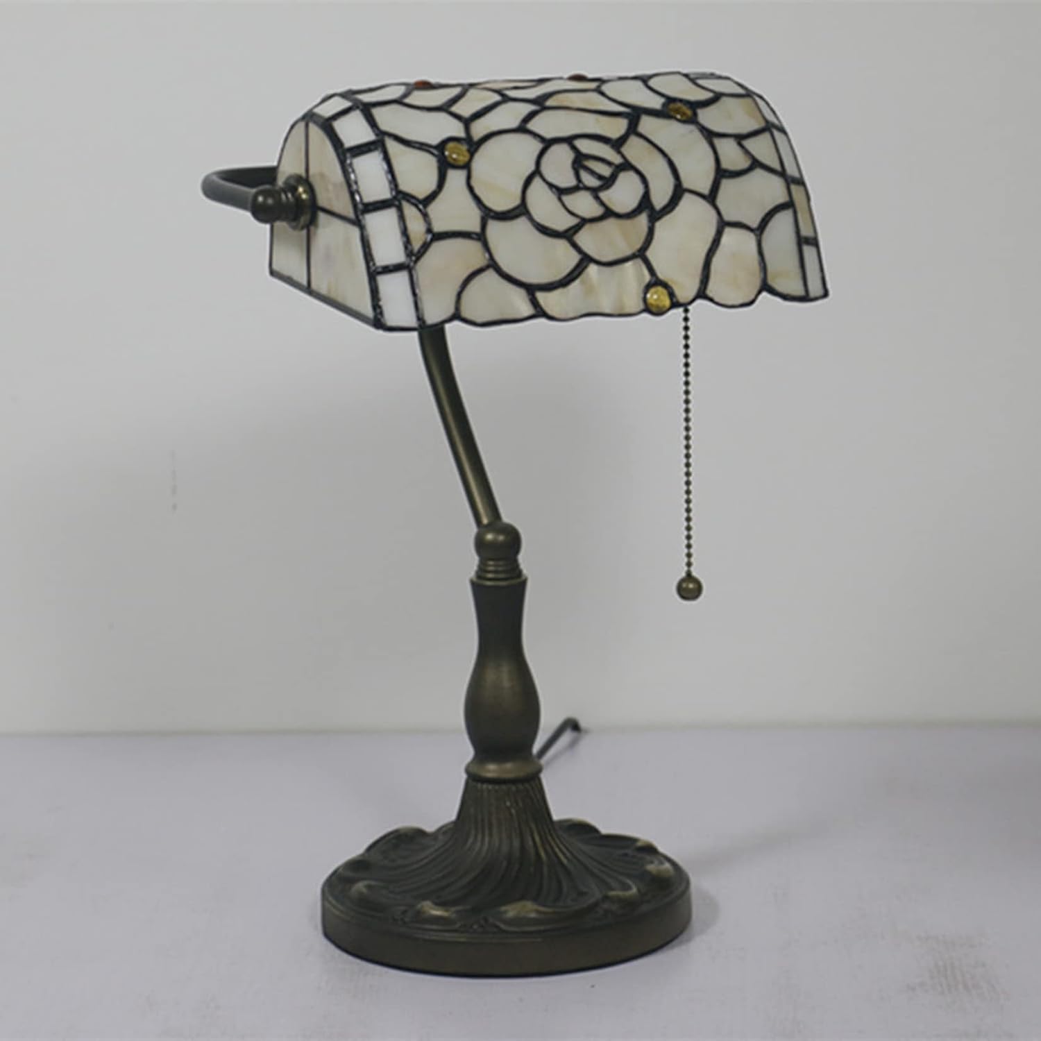 Tiffany Style Rose Bankers Lamps Pastoral Stained Glass Table Lamp Vintage Floral Desk Reading Lights for Kids Bedroom Living Room Cafe Bar, W10.6 H15.3,Beige