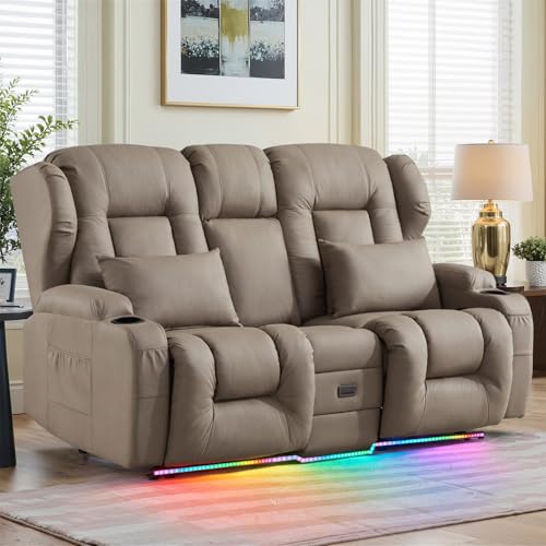Image of Loveseat Recliner Sofa with Flip-up Console,RV Wall Hugger Recliners with DIY LED Lights,Reclining Loveseat Sofa Recliner with Cup Holders /Lumbar Pillows,RV Furniture,Khaki,68 inch 2-Seater with Light