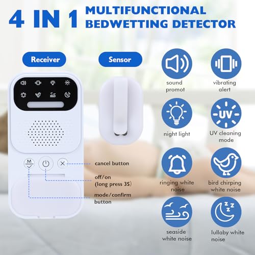 Wireless Bedwetting Alarm, Laelr Rechargeable Bed Wetting Alarm, Pee Alarm for Kids Elderly Night Potty Training, Bed Wetting Sensor with Sound & Vibration, 4 Melodies, Night Light and Cleaning Light — view 3