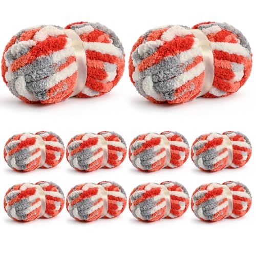 Image of 10 Pack Jumbo Chunky Yarn for Hand Knitting, Fluffy Chunky Chenille Yarn for Crocheting, Variegated Chunky Knit Baby Blanket Yarn, 240 yds /70.5 oz Super Bulky Yarn（White-Grey-Orange）