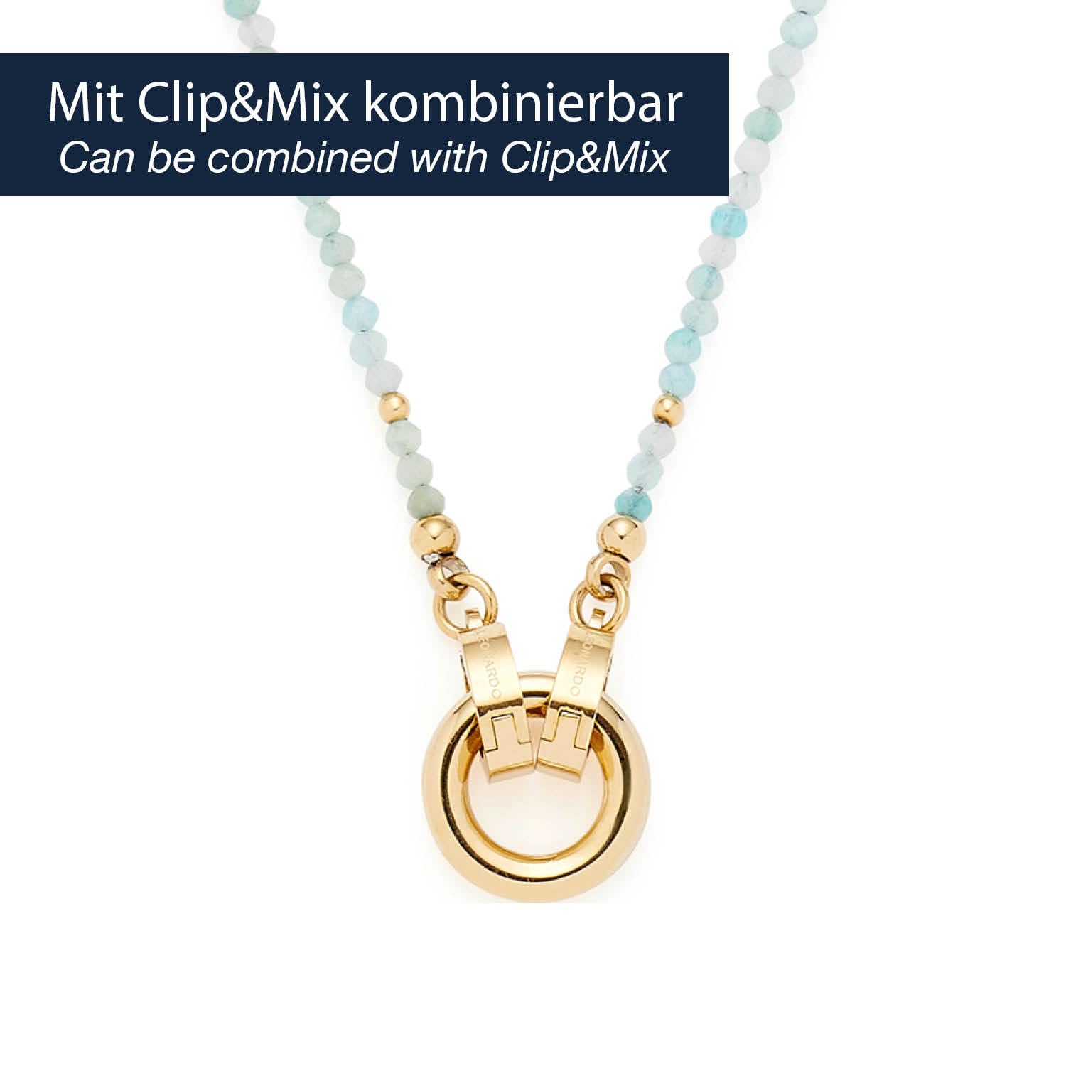JEWELS BY LEONARDO Halskette Clip & Mix Pippa • zarte Kette aus goldfarbenem Edelstahl • natürliche Amazonit-Perlen • Ring zum Anhängen von Charms • 70 cm Länge • Geschenk Damen • 023748