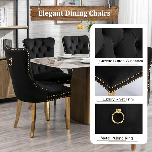 Image of 7-Piece Round Dining Table Set for 6, Luxury Faux Marble Kitchen Table Set for 6 with Black Velvet Chairs, 45 inch Circle Dining Room Tables with White Marble Top and Gold Stainless Steel Cross Legs