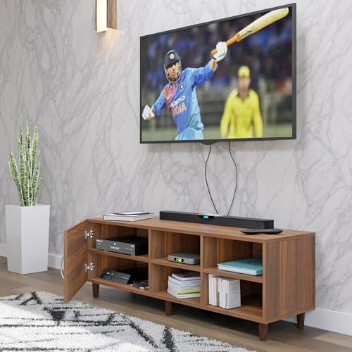Image of VIKI Modern TV Unit for Living Room | Engineered Wood TV Cabinet with 1 Door Storage & 2 Open Shelves, Set Top Box Stand, Entertainment Unit, 140W x 48H x 40D cm | DIY | 1 Year Warranty (Walnut)
