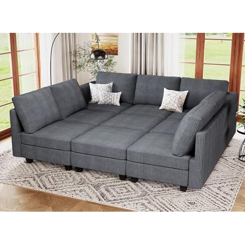 Belffin Corduroy Modular Sectional Sofa 9 Seat Convertible Sectional Sleeper Sofa Bed with Storage Ottomans Modular Sectional Couch Bed for Living Roo