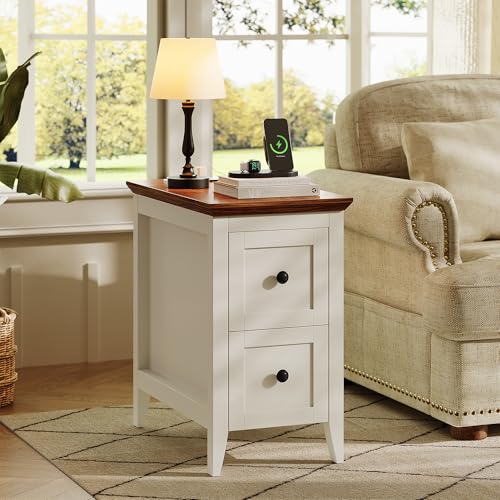 Farmhouse End Table with Charging Station, Narrow Side Table with 2 Drawers and Open Back Storage, Skinny Bedside Table, Slim Sofa Side Table, Small Wood Nightstand for Living Room Bedroom (White) by knoworld - Used condition - US$66.16