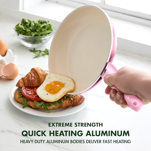 Image of GreenPan Rio Healthy Ceramic Nonstick 8 inch Frying Pan Skillet and Silicone Spatula Set, Soft Grip Handle, Breaktfast Meal Set, PFAS-Free, Dishwasher Safe, Oven Safe, Pink